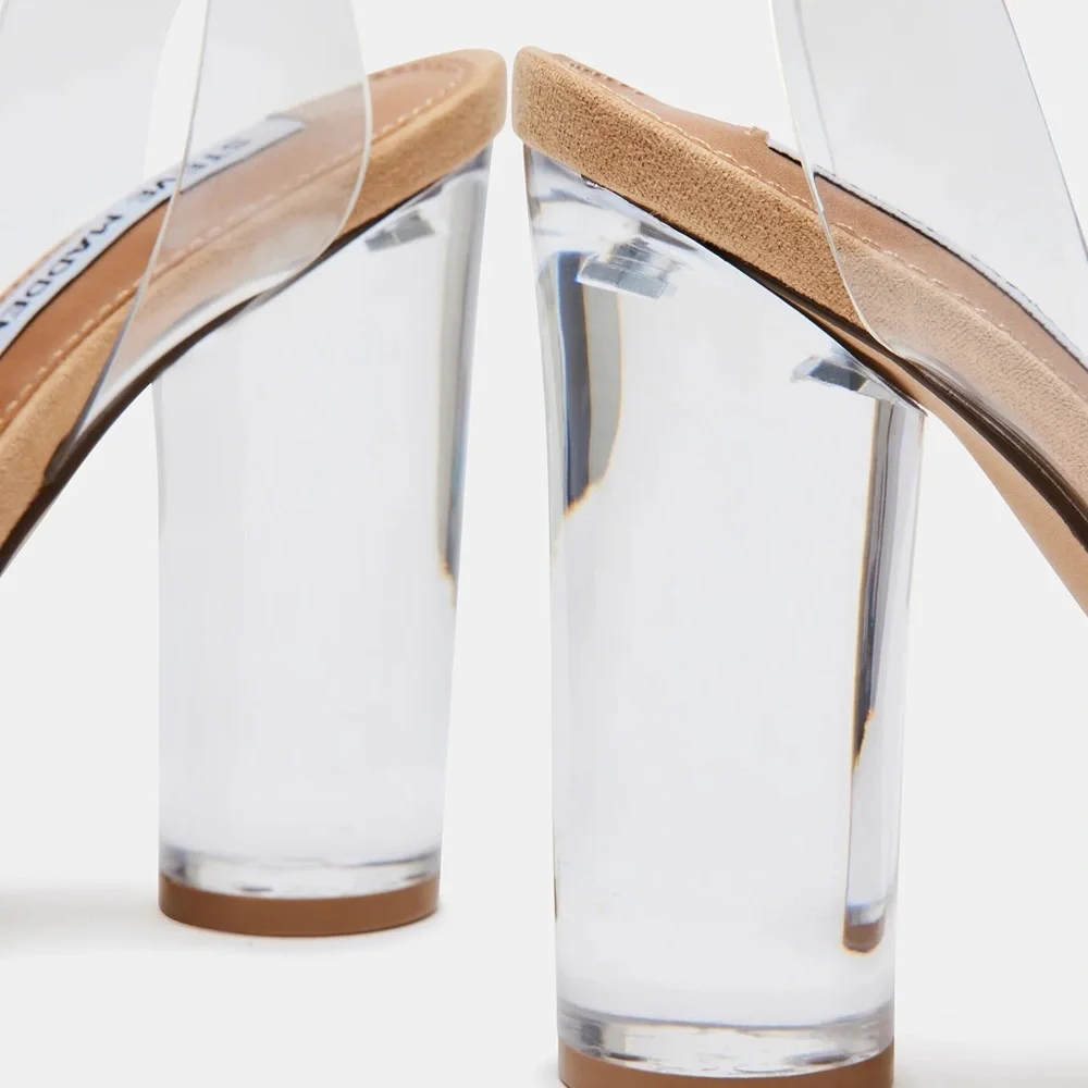 Steve Madden Clear Lucite Strap Block Heel Sandals with Tan Insole